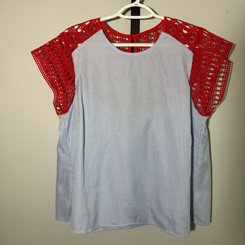 Anthropologie Red Crochet & Blue Stripe Cap-Sleeve Blouse - Picture 2 of 6